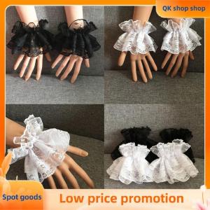 ✨QK shop✨ Lolita Hand Sleeve Wrist Cuffs Ruffled Floral Black Lace Elastic Bracelet Elegant Ladies Short Lace Gloves Halloween