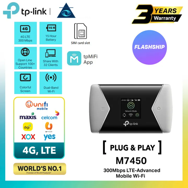 TP-Link M7450 Sim Card Mobile Mifi WiFi Router 4G LTE Advanced 300Mbps Unifi/Maxis/Digi/Celcom/Umobile