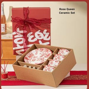 LOCAUPIN Christmas Gift Ideas Ceramic Tableware Set Gift Box Round Plate Bowl Japanese Style Dinnerware Modern Plates