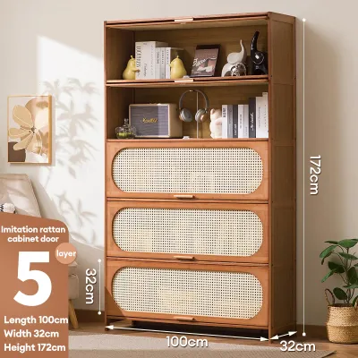 Bamboo Storage Cabinet Vertical Rattan Flip Door Retro Style Multi-layer Large Capacity Strong Load-bearing