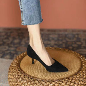 [Free Shipping] Black Suede High Heels WomenS Formal Shoes Professional Single Shoes Stiletto Heels Elegant Shallow-Toe Design Versatile Work Shoes New Style