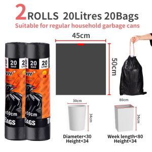 Kingever Orignal 2pcs Heavy Duty Extra Trash bag Thick Drawstring Garbage Bag Black 20/30/50/70/100/120L