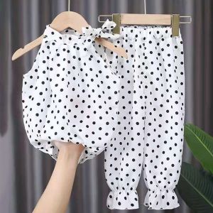 Summer Fashion Clothes Set 2-6 Years Children Girl Chiffon Polka Dot Sleeveless T-Shirt + Pants