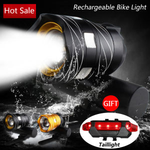 CONQUER Bike Light Rechargable Waterproof Adjustable Bike Front+Rear Light T6 LED USB Line 15000LM Bicycle Light 5000mAh Rechargeable Battery Zoomable Front Bike Headlight