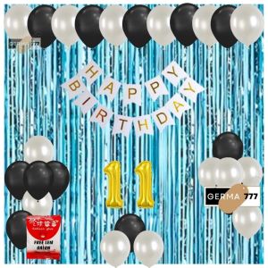 PAKET SET DEKORASI PESTA BALON ULANG TAHUN BANNER HAPPY BIRTHDAY PUTIH TIRAI ULTAH BIRU MUDA
