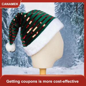 【CANAMEK】 Mũ giáng sinh với sọc sáng bóng màu đỏ và màu xanh lá cây nhung Santa Mũ lễ hội trang trí mũ nón