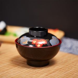 OURTOUR Soup Container Miso Soup Bowl With Lid Maple Leaf Japanese Flower Bowl Double Color Japanese Rice Bowl Dining Accessories