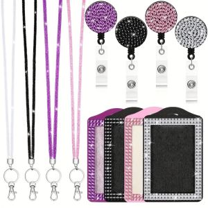 OOC Bling ID Holder with Lanyard Retractable Lanyard Rhinestone Decorated Retractable Badge Holder Fashionable Elegant Design Hanging Rope Card Cover Work Environment