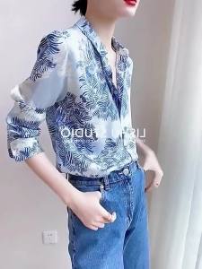Ammin เสื้อเชิ้ตพิมพ์ลายแขนยาวผ้า ไหมผู้หญิงแฟชั่นสไตล์ เกาหลีทรงหลวม 2024