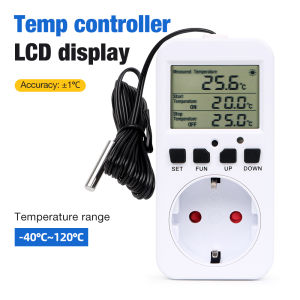 สวิตช์จับเวลาปลั๊กตัวควบคุมอุณหภูมิดิจิตอล AC220V EU ปลั๊กเครื่องควบคุมความร้อนเครื่องทำความร้อนและการควบคุมการระบายความร้อนด้วยเซ็นเซอร์