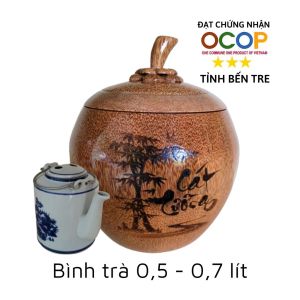 Bình ủ trà gỗ dừa cao cấp khắc chữ Cát tường / Tùy chọn bình trà 05 - 08 - 13 - 20 lít / Giữ ấm 3 - 5 giờ / Hàng đạt OCOP 3 sao tỉnh Bến Tre năm 2023 / Sản phẩm mỹ nghệ dùng làm quà đặc trưng xứ dừa Bến Tre