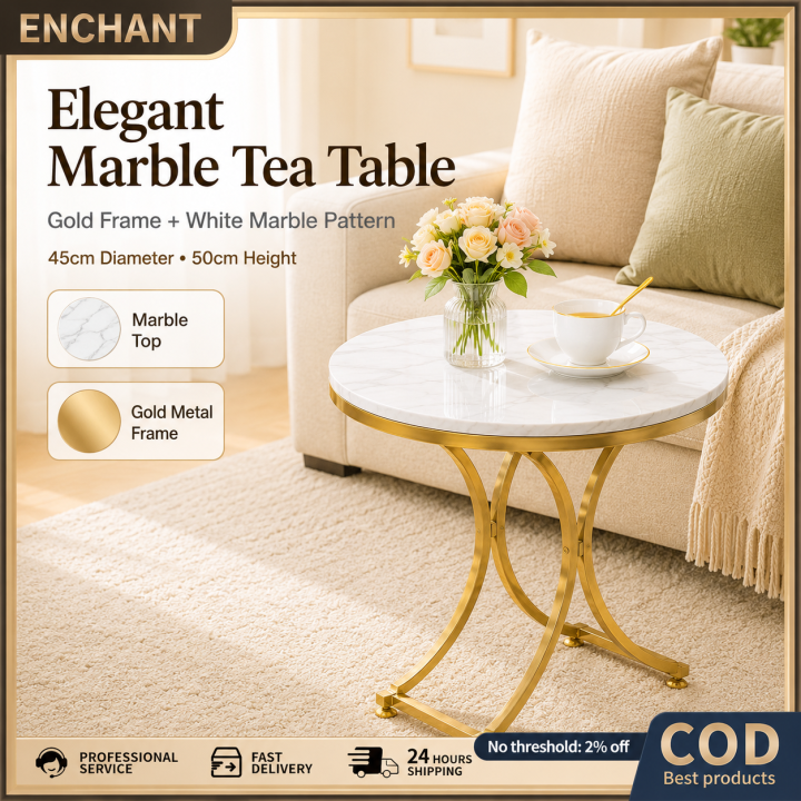 Round Marble-Look Side Table 45 x 50 cm Gold Metal Frame for Living ...