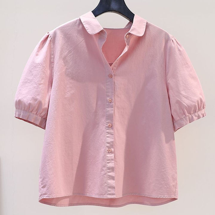 Womens Pink Bubble Sleeve Shirt Loose Short Sleeve Casual Shirt