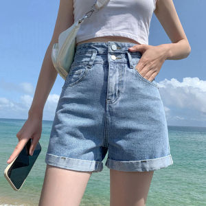 IELGY Denim Shorts Womens High Waist Double Buckle Straight Thin A- line Curled Wide-leg Hot Pants