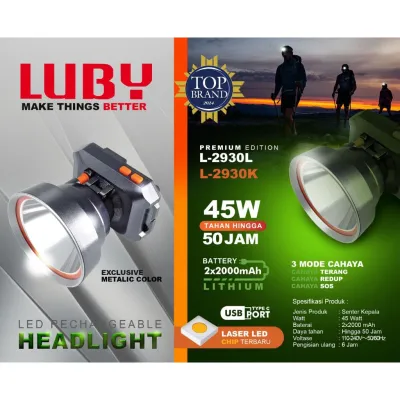SENTER KEPALA LED LUBY L-2931L 65WATT BATERAI 9000MAH TAHAN HINGGA 50JAM - CAHAYA TERANG - JARAK JAUH - WATERPROOF