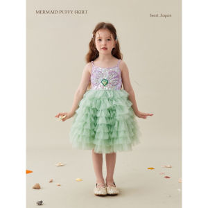 11.11 Ocean Princess Tutu Gown Sparkly Sequin Shell Decor Sleeveless Spaghetti Strap Design Ruffle Green Tulle Skirt for Costume Show h2610
