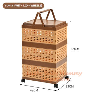 Minimalist Movable Folding Storage Box with Wheels Rattan Handle Rolling Cart Woven Pattern Basket【RainbowCulture】