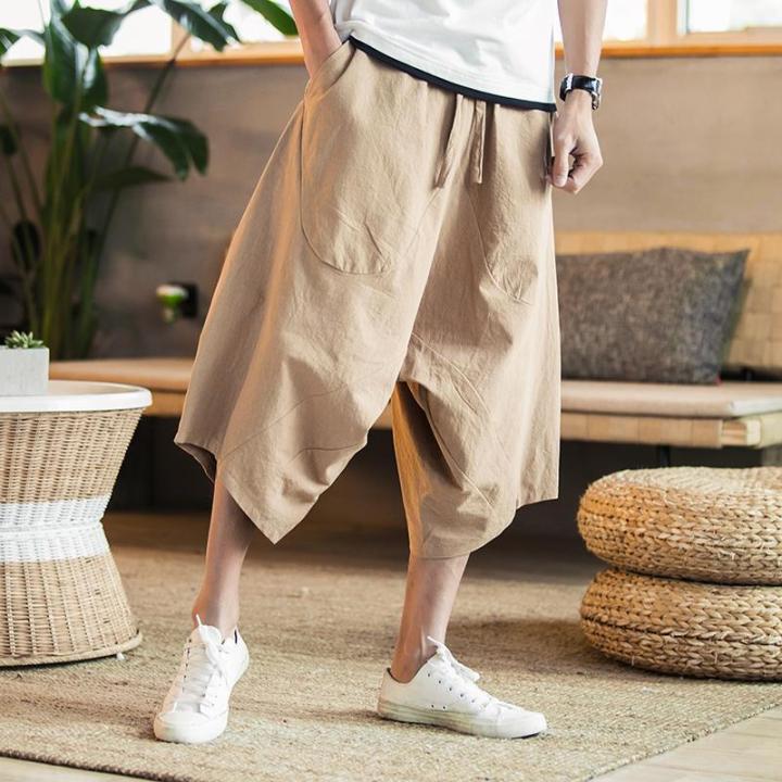 Plus size Cotton and linen capris beach pants for men Chinese style