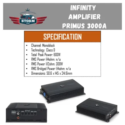 INFINITY Primus 3000A Mono Block Subwoofer Car Amplifier. 300Watts RMS Max Power