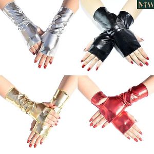Fashion Punk Glossy Leather Fingerless Short Gloves Hip Hop Style Dress Up Hand Accessory Stylish Masquerade Cosplay Stage Party Decor Wear Matching Outfit Ornament For Women