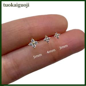 tuokaiguoji ชุดต่างหูเม็ดเดี่ยวลายดอกไม้เพทาย4กลีบสำหรับผู้หญิง3ชิ้น เซ็ตต่างหูเจาะอเนกประสงค์ขนาดเล็กคลาสสิกขนาด3 4 5มม