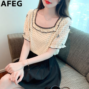AFEG Korean version square collar fashion loose temperament printed chiffon bubble sleeve blouse for women