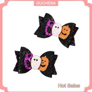 GUCHEN4🎀 2pcs Halloween long lanh Bow tóc Clip lấp lánh ma bí ngô Spider bownot kẹp tóc cho cô gái bên mũ Phụ kiện tóc