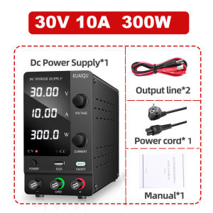 KUAIQU แหล่งจ่ายไฟ DC 30V 10A 300W เบนช์ของแหล่งจ่ายไฟแปรผันพร้อมจอแสดงผลแอลอีดี4หลัก USB ชาร์จเร็วสวิตช์จ่ายไฟสลับปรับได้พร้อมตัวเข้ารหัสเอาต์พุตลูกบิดปรับระดับเปิด/ปิดใช้งานปุ่มสำหรับซ่อมโทรศัพท์