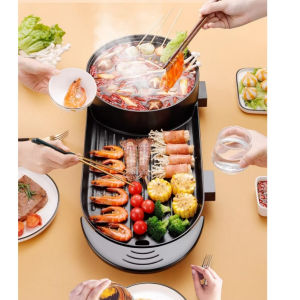 Bếp lẩu nướng đa năng 2 trong 1 Bếp lẩu nướng 2 ngăn Nồi lẩu nướng điện uyên ương công suất 2200W tiết kiệm điện năng tiện lợi| BẢO HÀNH 1 NĂM