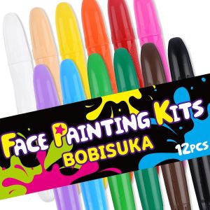 BOBISUKA Face Body Paint Sticks Kit 12 Color Water Based Face Painting Crayon Set for Art Theater Halloween Party Cosplay Clown SFX Makeup for Women Adults Non-Toxic Washable