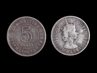 Coin Lama～ Malaya Queen 5 Cents 女王 (Random Year) (Condition VF / Tak Cantik) (1Pcs Price) (Original Coin) (Syiling Asli)