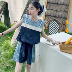 Summer Girls Clothing Set Plaid Patchwork Print Top+Shorts Two Pieces For 5-14 Years Teenager Kids Fashion Korean Style Outfits H260702