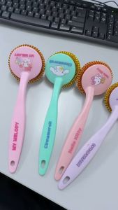 Kawaii Dishwashing Brush with Handle  Strong Cleaning Sponge Brush for Pots Pans Plates & Kitchen Use
