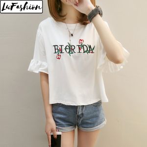 LuFashion Blouse Women Casual Tops Summer Embroidery Butterfly Sleeve