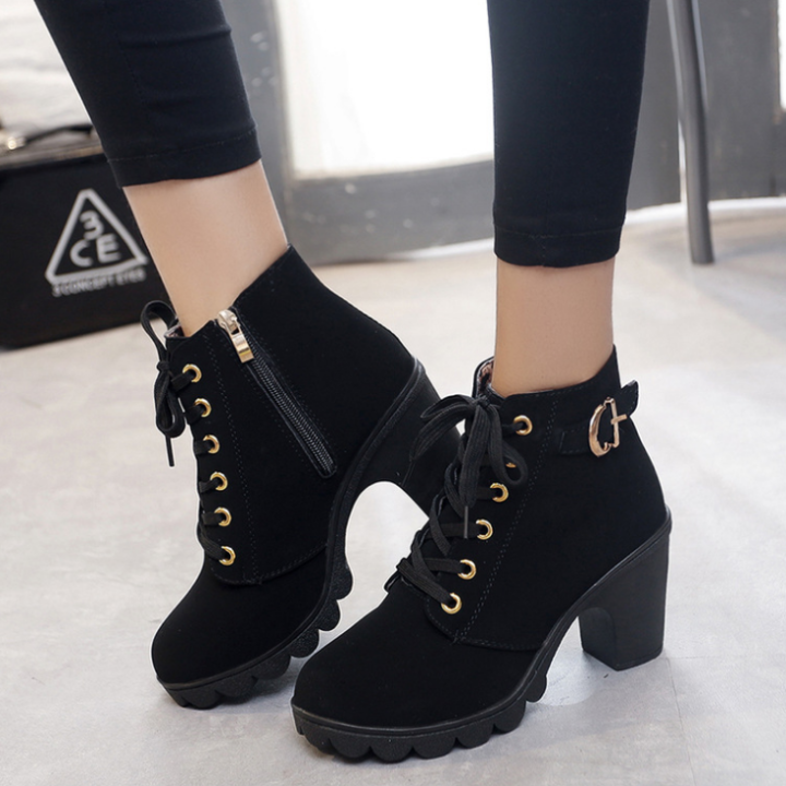 Autumn Winter Women Lady PU Leather High Heel Martin Ankle Zipper Boots ...