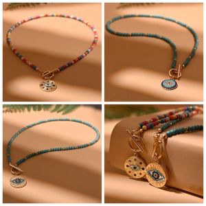 NEXTGENYUN 4mm Beads Colorful Stone Choker Blue Eye Boho Style Evil Eye Charm Pendant Fashion Vintage Beads Chain Necklace Women Girls