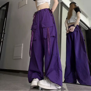 ขายาวสีม่วงเข้มแห้งเร็วสำหรับผู้ชาย กางเกงขาบานหลวมสำหรับผู้หญิง กางเกงแฟชั่นหลวมสำหรับผู้ชาย กางเกงคาร์โก้สำหรับผู้หญิง กางเกงลำลองสตรี