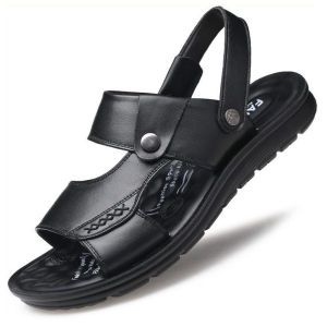 【Local Shipping】Genuine Leather Mens Sandals Casual Leather Sandals Black Hollow Beach Male Slippers Half Slippers Shoes For Men Genuine Leather Sandal