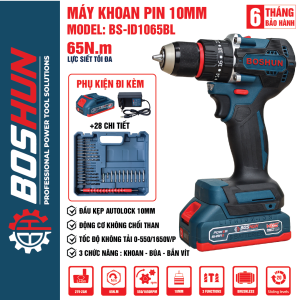 [ CHÍNH HÃNG ] Máy Khoan Pin Boshun BS-ID1065BL Dùng Chân Pin Phổ Thông Không Chổi Than Tặng bộ 28PK