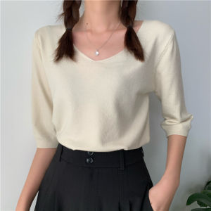 AN-3881 Plain V-Neck Short Sleeve Knitted Blouse For Women Vintage Super Stretchable Knit Tops Solid Color Casual tops