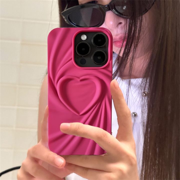 Korean Cute 3D Folds Heart Hot Pink Girl Silicone Case For iPhone