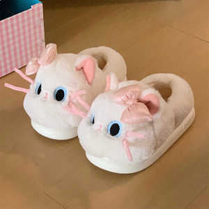 WY-XIXITIAO Cute Bowknot Warm Cotton Slippers for Women Winter Fashion Comfortable Soft Adorable Kitten Heel ins New style Furry Shoes