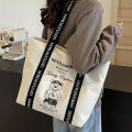 Gentlewoman Cute Cartoon Bear Print Canvas Bag Versatile Contrast Color Shoulder Tote Bag with Zipper. 