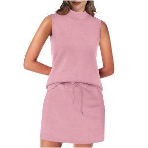 2026 Hot Sale [ Shipped from China ] New European and American style womens solid color summer beach vacation sleeveless stand-up collar top and short skirt two-piece set B3