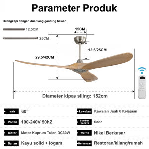 60-inch ceiling fan DC motor with six speeds and forward and reverse rotation with timing function solid wood fan with 3 solid wood original wood color fan blades suitable for living room dining room bedroom home and other places