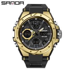 SANDA Brand Mens Top Fashion Sports Digital Quartz Dual Display Watch Casual Military Waterproof Complete Calendar Luminous Chrono Watch for Men