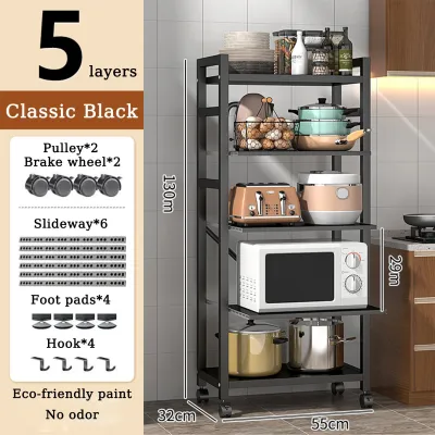 Kitchen Storage Rack Organizer With Power Outlet Coffee Bar Table 4 Tiers Wooden Kitchen Microwave Stand with 6 S-shaped Hooks Space Saver Plant Display For Home Office Warehouse