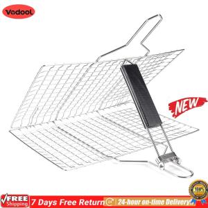 [VODF] BBQ Grilling Basket Wooden Handle Outdoor Camping BBQ Rack Anti-Corrosion Vegetable Grill Basket 8.6*12.6 Inch for Fish Vegetables Steak Shrimp Chops