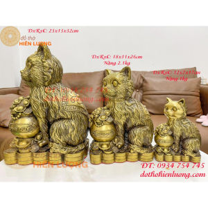 Tượng mèo phú quý bằng đồng phong thủy 4 cỡ cao 13cm 17cm 26cm 32cm