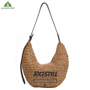 [Jocestyle Mall]Women Straw Woven Half Moon Bag Fashion Woven Handbag Large Capacity Tote Clutch Bags Zipper Closure for Travel Vacation
